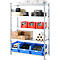 Shelving unit with various goods, including boxes, rolls and containers. The goods are stored in a warehouse.