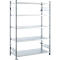 A silver metal shelf with five shelves, standing against a white background.
