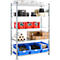 A storage shelf with multiple shelves, filled with boxes, containers, and rolls. It is stocked with various items, including packaging materials and tools.