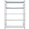 A metallic gray shelving system against a white background. It has five shelves and diagonal struts for stability.