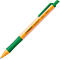 Ein STABILO pointball® Kugelschreiber, orange mit grünen Akzenten, liegt diagonal. Markierungen auf dem Stift.