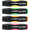 Vier Textmarker in Gelb, Grün, Orange und Pink mit schwarzer Kappe, der Marke Stabilo Green Boss.
