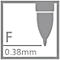 Graues Quadrat mit Stiftspitze und Aufschrift "F 0,38mm".