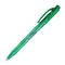 Grüner Kugelschreiber, diagonal auf weißem Grund. Stift mit Clip und Textetikett. Transparentes Gehäuse.