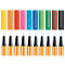 Row of pens with colorful caps including yellow, orange, red, pink, blue, green, and brown. Black tips.