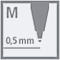 Graues Quadrat mit Stiftspitze. 'M', '0,5 mm' und eine Linie sind zu sehen.