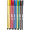 Nine colorful felt-tip pens stand upright. Each pen has a different color with the brand logo.