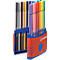 Row of colorful felt-tip pens in a blue and red holder, pens in different colors, "Stabilo" logo.