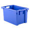 Blue plastic storage bin with handles, against a white background. Rectangular with rounded corners.