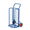 Blue transport cart with a grid frame and two wheels with red hubs.