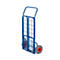 Blue, folded transport cart with grey wheels. The wheels have red hubs.