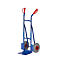 Blue hand truck with red handles and two wheels against a white background.