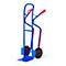 Blue hand truck with red handles and wheels. Standing against a white background.