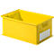 Yellow plastic box with handles, lettering and white label. Inscription: SCHAULOCHMEISTER.