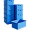 Blue stacking boxes, partially stacked on top of each other.