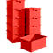 Red plastic crates, stacked and arranged. One crate is open.