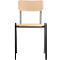 Chair with wooden back and seat, black metal frame. Front view.