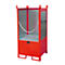Red safety container with chain, gray grid floor, and metal walls. Lifting lugs at the top.