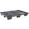 Dark gray plastic pallet with rectangular openings and feet.