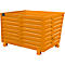 An orange, box-shaped metal crate with ribbed sides and legs.