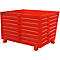 Red metal container with ribbed sides. It stands on short legs and has a rectangular shape.