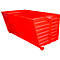 Red metal skip with sloping sides. There is a vertical strut on one side.