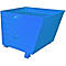 Blue painted metal container with a wide opening. The container stands on legs.