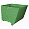 Green, cuboid skip with sloping sides and handles, on four feet. Back wall with horizontal lines.
