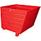 Red metal skip, rectangular shape, with bracket and flap, on feet.