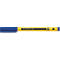 A blue and yellow Staedtler brand pen. Yellow body with black lettering, blue tip.