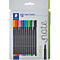 Packung mit 12 farbigen Staedtler Triplus Finelinern in einer Kartonverpackung.