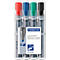 Package of four Lumocolor flip chart markers in red, blue, green, and black. The pens are in a transparent package.