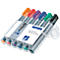 A set of colored highlighters in a transparent plastic packaging, including stickers with product information.