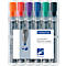 A pack of colorful felt-tip pens in a transparent plastic box. The pens have colored caps and the name Lumocolor.