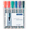 Pack of six Lumocolor flipchart markers in various colors. The markers are in a transparent plastic package.