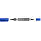 Een blauwe viltstift, de dop is eraf en ernaast gelegd. Op de pen staat "STAEDTLER permanent Lumocolor duo".