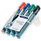 Four markers in a package. Red, blue, green and black, with text: Staedtler Lumocolor permanent marker.