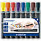 Set of colorful felt-tip pens in a transparent plastic package. A black pen is next to it. Prints: "Lumocolor", "STAEDTLER".