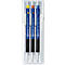 Three blue Staedtler mechanical pencils with colored markings in a transparent plastic case.