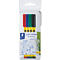 Packaging with four colorful pens partly visible. Below it is a sheet with mathematical formulas.