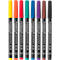 Eight pens with colorful caps arranged side by side. The black shafts read in white "STAEDTLER permanent Lumocolor".