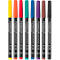 Eight different colored felt-tip pens with black shaft, each with a color cap and lettering.