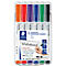 Six colorful whiteboard markers in a transparent package. The brand, product name, and features are printed on it.