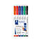A package of six brightly colored whiteboard pens. Each pen is in a different color. The package contains product information.