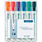 Package of STAEDTLER Lumocolor whiteboard markers in various colors. Transparent packaging. Colors: orange, pink, purple, blue, green, turquoise.