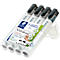 Vier Staedtler Lumocolor Whiteboardmarker im transparenten Kunststoffetui mit Produktinformationen.