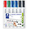 Sechser-Set Staedtler Lumocolor Whiteboard-Marker in einer transparenten Kunststoffverpackung.