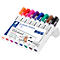 Set van 8 gekleurde whiteboard markers, individueel verpakt in een transparante plastic hoes. Kleuren zijn: oranje, rood, roze, paars, blauw, groen, bruin en zwart.