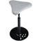 Driepootstaande kruk, grijs gestoffeerd, op zwarte basis met witte stippen. In hoogte verstelbaar.