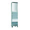 Tall, silver steel cabinet with door and small handle on white background.